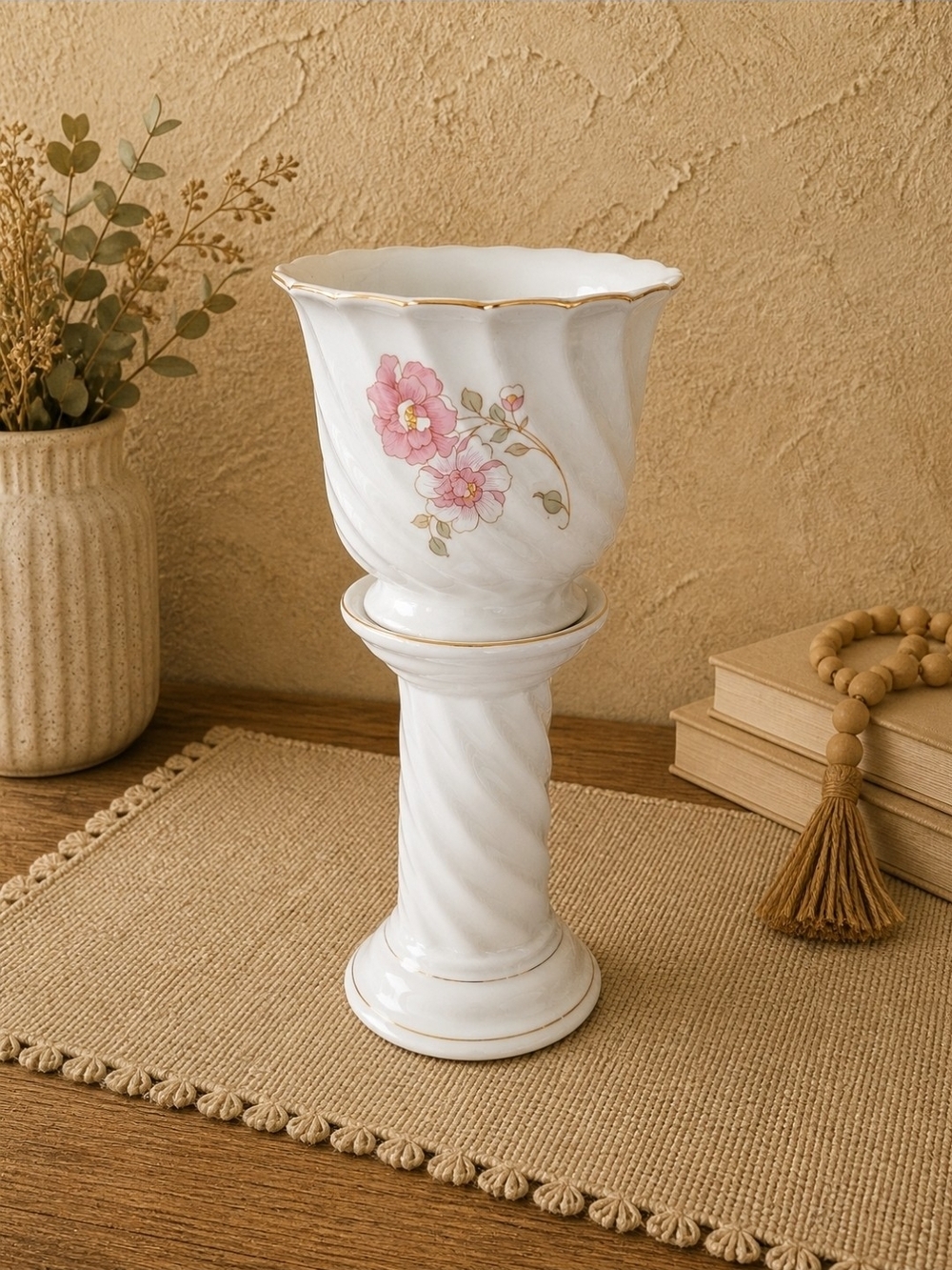 Westmoreland Pink Floral Pedestal Vase Gold Trim Cottagecore Vintage Decor